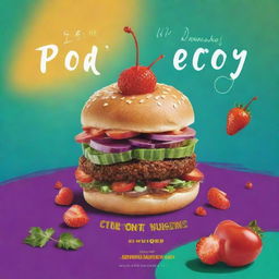 Design a vibrant and appetizing food poster featuring gourmet cuisine, a catchy slogan, and dazzling colors.