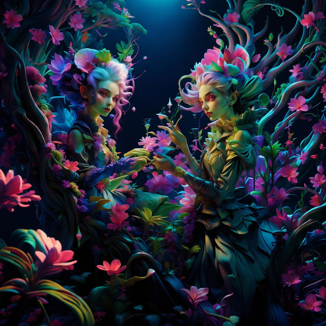 Hyper-realistic 3D image of Rococo-inspired cyberpunk tree elves in a vibrant mystical forest with light filtering through trees and a prominent flower aesthetic.