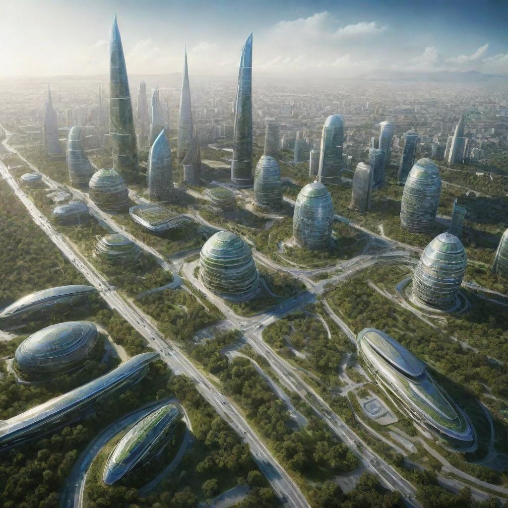 A futuristic vision of Barabai city in the year 2100, featuring advanced architecture, green spaces, and high-tech transportation systems.