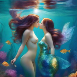 A hyper-realistic digital painting presents a scene of two enchanting mermaid girls with voluptuous figures, engaged in skinny dipping