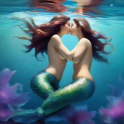 A hyper-realistic digital painting presents a scene of two enchanting mermaid girls with voluptuous figures, engaged in skinny dipping