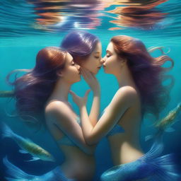 A hyper-realistic digital painting presents a scene of two enchanting mermaid girls with voluptuous figures, engaged in skinny dipping