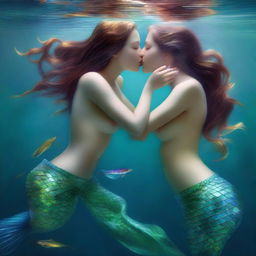 A hyper-realistic digital painting presents a scene of two enchanting mermaid girls with voluptuous figures, engaged in skinny dipping