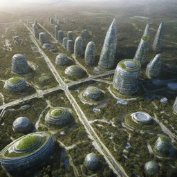 A futuristic vision of Barabai city in the year 2100, featuring advanced architecture, green spaces, and high-tech transportation systems.