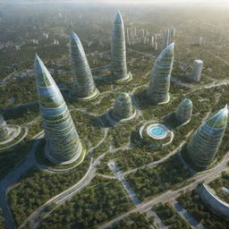 A futuristic vision of Barabai city in the year 2100, featuring advanced architecture, green spaces, and high-tech transportation systems.