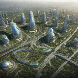 A futuristic vision of Barabai city in the year 2100, featuring advanced architecture, green spaces, and high-tech transportation systems.