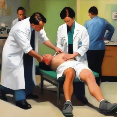 The artist's painting depicted the moment when a doctor was attempting to defibrillate a patient in a hospital emergency room.