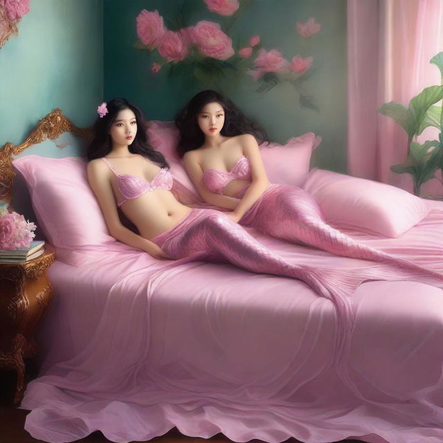 A hyper-realistic digital painting displays two stunning mermaid girls with voluptuous figures, donned in delicate pink lingerie