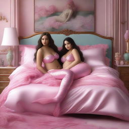 A hyper-realistic digital painting displays two stunning mermaid girls with voluptuous figures, donned in delicate pink lingerie