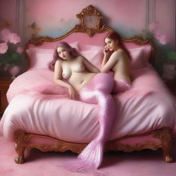 A hyper-realistic digital painting displays two stunning mermaid girls with voluptuous figures, donned in delicate pink lingerie