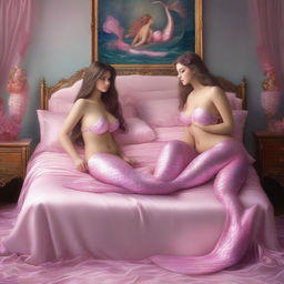 A hyper-realistic digital painting displays two stunning mermaid girls with voluptuous figures, donned in delicate pink lingerie