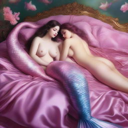 A hyper-realistic digital painting showcases two enticing mermaid girls with voluptuous figures, adorned in exquisite pink lingerie