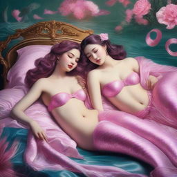 A hyper-realistic digital painting showcases two enticing mermaid girls with voluptuous figures, adorned in exquisite pink lingerie