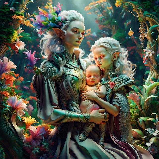 A hyper-realistic 3D Rococo Cyberpunk Elf and a female elf holding a baby elf stand in a mystical forest, bathed in ethereal light filtering through the trees. Their attire blends old-world elegance with futuristic edge, adorned with neon accents and high-tech accessories. The forest is vibrant with exotic flowers, creating a whimsical and futuristic aesthetic.