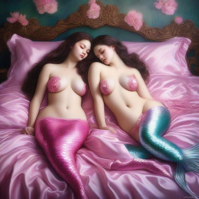 A hyper-realistic digital painting showcases two enticing mermaid girls with voluptuous figures, adorned in exquisite pink lingerie