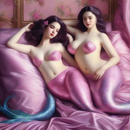 A hyper-realistic digital painting showcases two enticing mermaid girls with voluptuous figures, adorned in exquisite pink lingerie