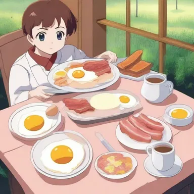 In the anime, the characters enjoyed a traditional breakfast with bacon rind alongside their eggs.