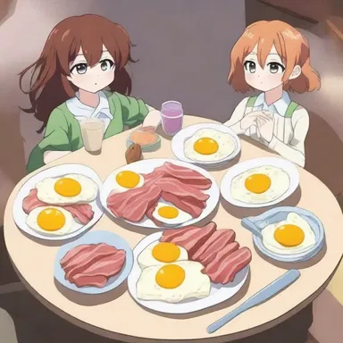 In the anime, the characters enjoyed a traditional breakfast with bacon rind alongside their eggs.