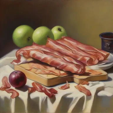 The artist meticulously painted the intricate details of the bacon rind in their still life composition.