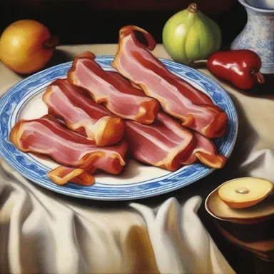 The artist meticulously painted the intricate details of the bacon rind in their still life composition.
