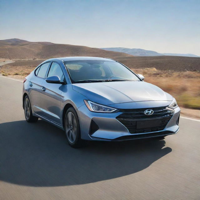 A Hyundai Elantra 2024, gleaming under bright sunlight, parked on an open road with intricate detailing visible