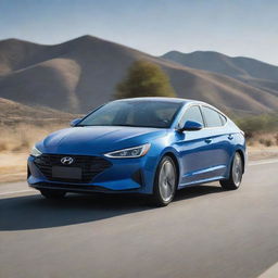 A Hyundai Elantra 2024, gleaming under bright sunlight, parked on an open road with intricate detailing visible