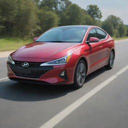 A Hyundai Elantra 2024, gleaming under bright sunlight, parked on an open road with intricate detailing visible