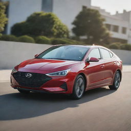 A Hyundai Elantra 2024, gleaming under bright sunlight, parked on an open road with intricate detailing visible