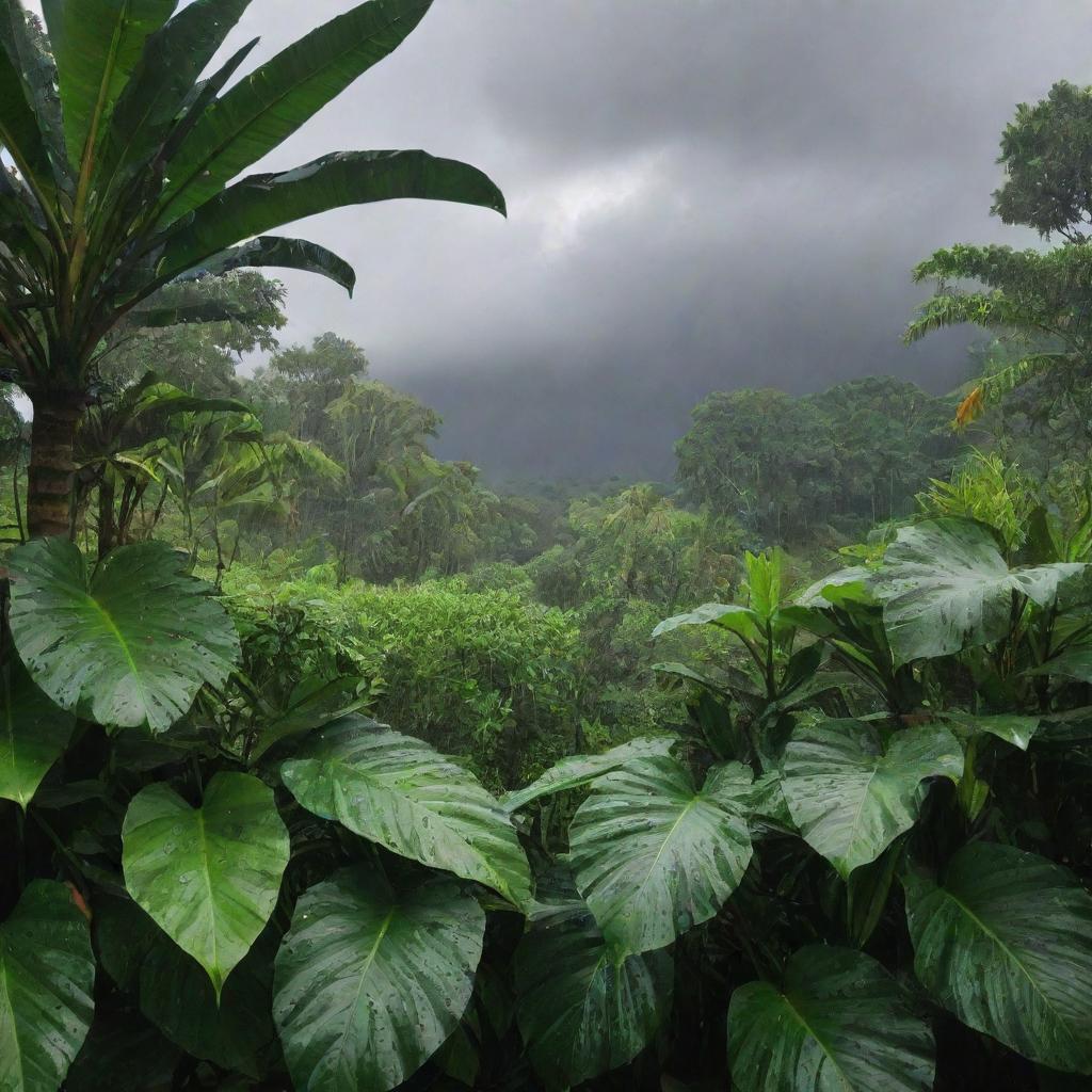 A lush tropical landscape during the rainy season, with raindrops falling heavily from dark stormy skies onto vibrant green foliage.