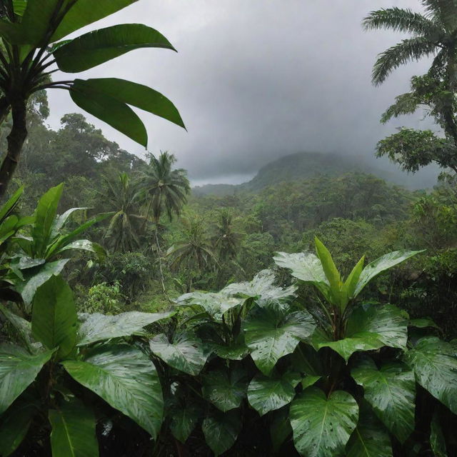 A lush tropical landscape during the rainy season, with raindrops falling heavily from dark stormy skies onto vibrant green foliage.