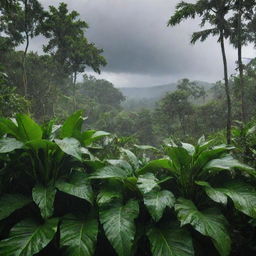 A lush tropical landscape during the rainy season, with raindrops falling heavily from dark stormy skies onto vibrant green foliage.