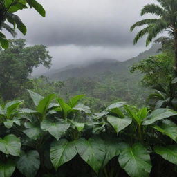 A lush tropical landscape during the rainy season, with raindrops falling heavily from dark stormy skies onto vibrant green foliage.