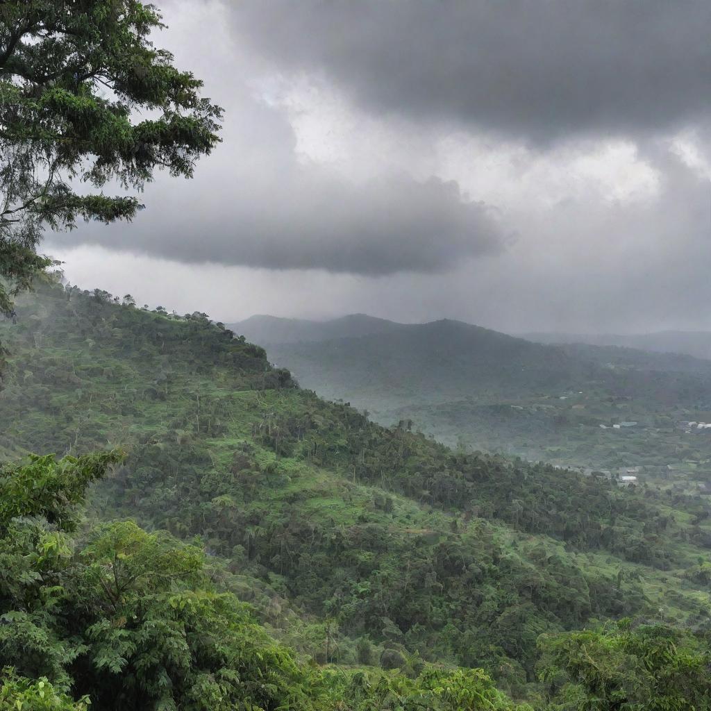 A serene landscape view during the rainy season, with large droplets of rain cascading from a grey, cloud-filled sky, transforming the terrain into a lush, verdant spectacle.