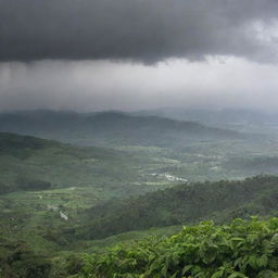 A serene landscape view during the rainy season, with large droplets of rain cascading from a grey, cloud-filled sky, transforming the terrain into a lush, verdant spectacle.