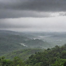 A serene landscape view during the rainy season, with large droplets of rain cascading from a grey, cloud-filled sky, transforming the terrain into a lush, verdant spectacle.