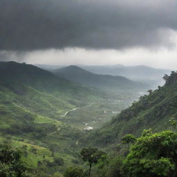 A serene landscape view during the rainy season, with large droplets of rain cascading from a grey, cloud-filled sky, transforming the terrain into a lush, verdant spectacle.