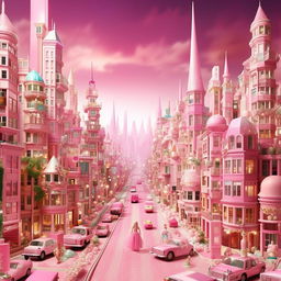 A sprawling metropolis themed after Barbie, filled with pink skyscrapers, doll-like citizens, and barbie themed vehicles moving on glittery roads.