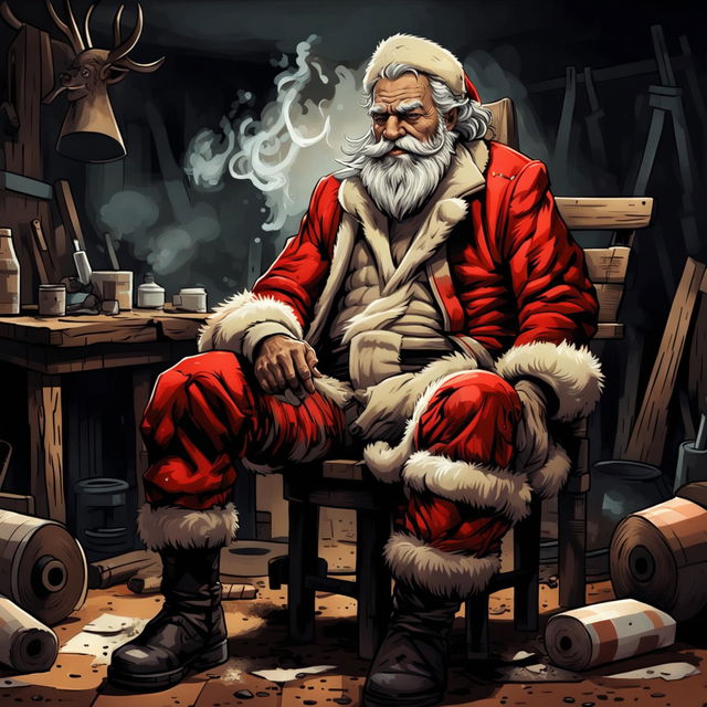 A rugged Santa Claus in a worn suit sits in his workshop after work, smoking a cigarette and looking contemplative.