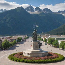 A picturesque mountain town with a central square, dominated by the statue of a proud soldier lofting a large green flag.