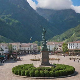 A picturesque mountain town with a central square, dominated by the statue of a proud soldier lofting a large green flag.