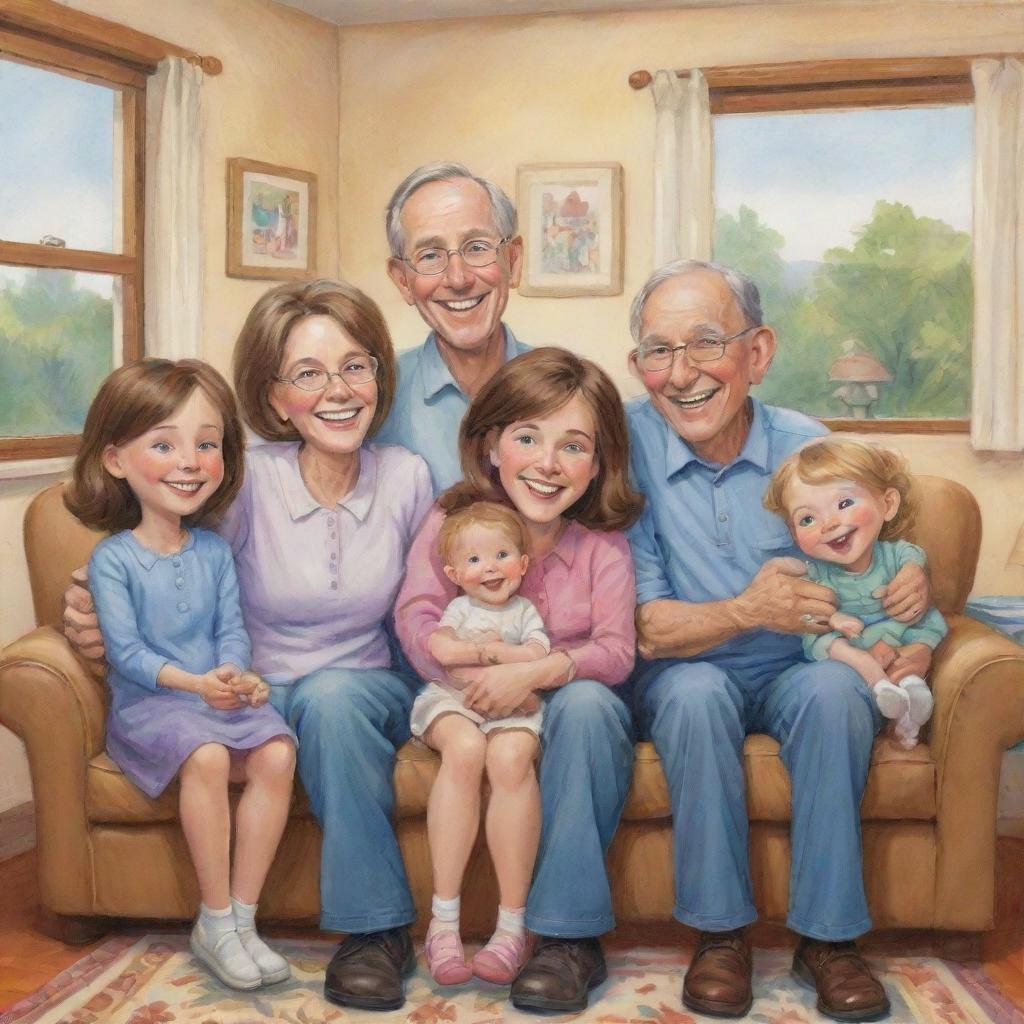 A heartwarming caricature illustrating daily life of a Christian family, interacting lovingly with expressions of joy, faith, and warmth in a comfortable home setting.