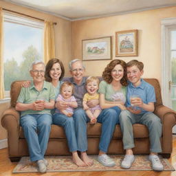 A heartwarming caricature illustrating daily life of a Christian family, interacting lovingly with expressions of joy, faith, and warmth in a comfortable home setting.