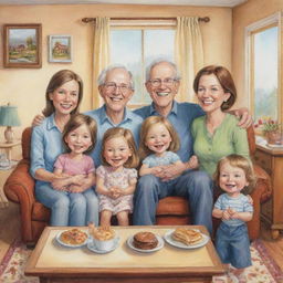 A heartwarming caricature illustrating daily life of a Christian family, interacting lovingly with expressions of joy, faith, and warmth in a comfortable home setting.