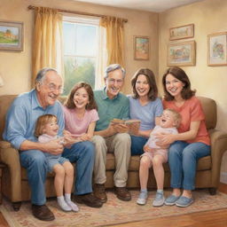 A heartwarming caricature illustrating daily life of a Christian family, interacting lovingly with expressions of joy, faith, and warmth in a comfortable home setting.