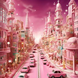 A sprawling metropolis themed after Barbie, filled with pink skyscrapers, doll-like citizens, and barbie themed vehicles moving on glittery roads.