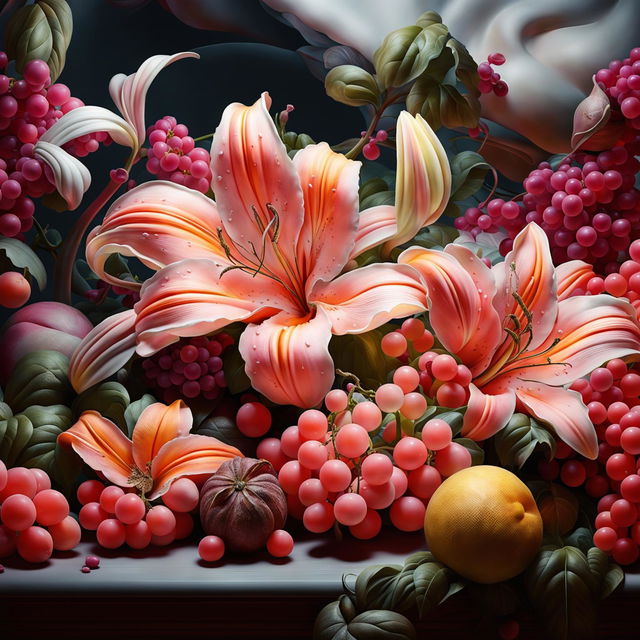 Hyper-realistic 3D Rococo-inspired still life featuring a detailed lily surrounded by vibrant fruits in a fantasy landscape with warm lighting.