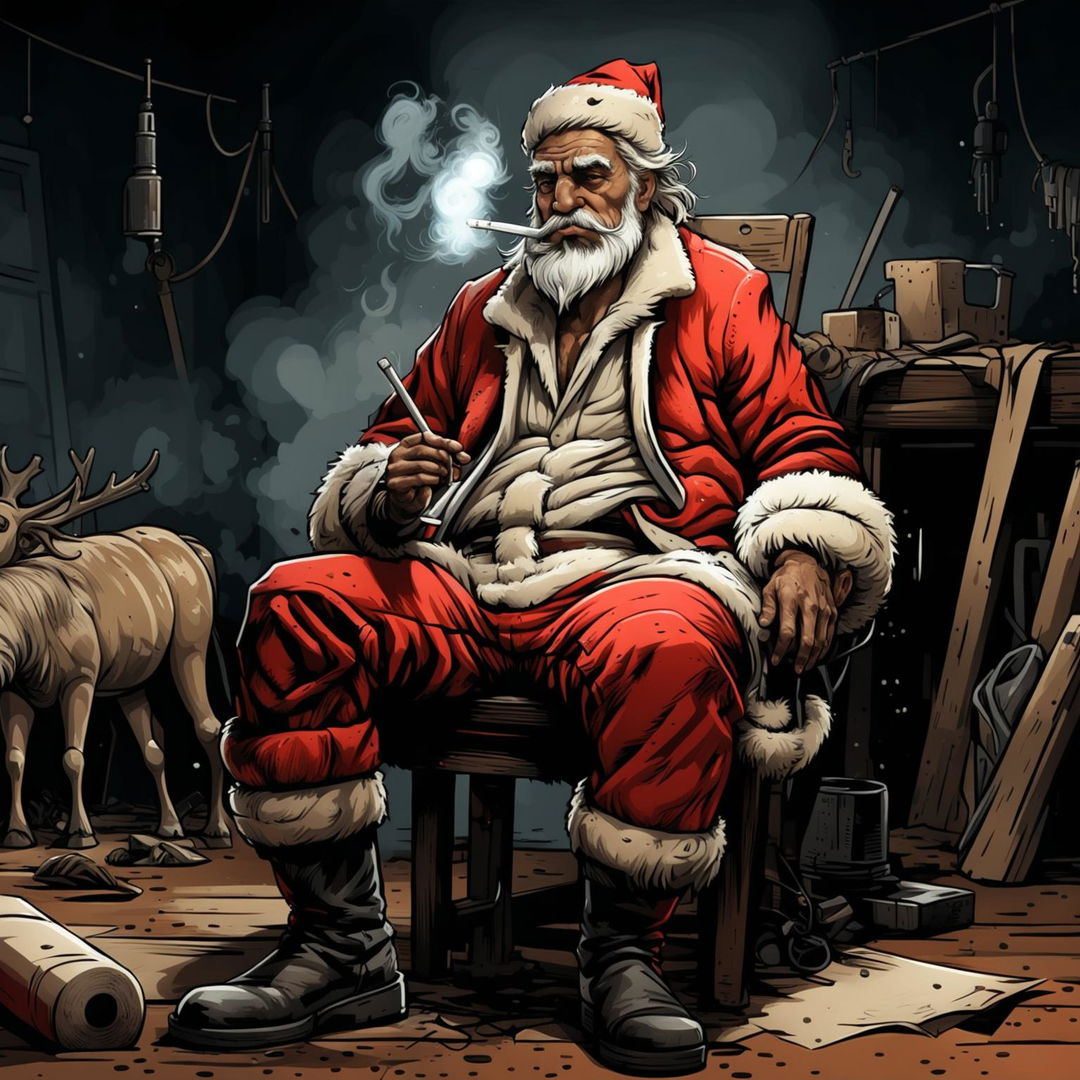 A rugged Santa Claus in a worn suit sits in his workshop after work, holding a cigarette between his fingers and looking contemplative.