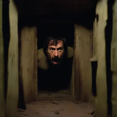 In the horror movie, the protagonist finds himself trapped inside a dark and claustrophobic piston chamber, with no way to escape.