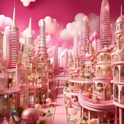 A sprawling metropolis themed after Barbie, filled with pink skyscrapers, doll-like citizens, and barbie themed vehicles moving on glittery roads.