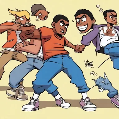 In the cartoon, the characters engage in a fierce gang fight, showing the consequences of violence among adolescents.